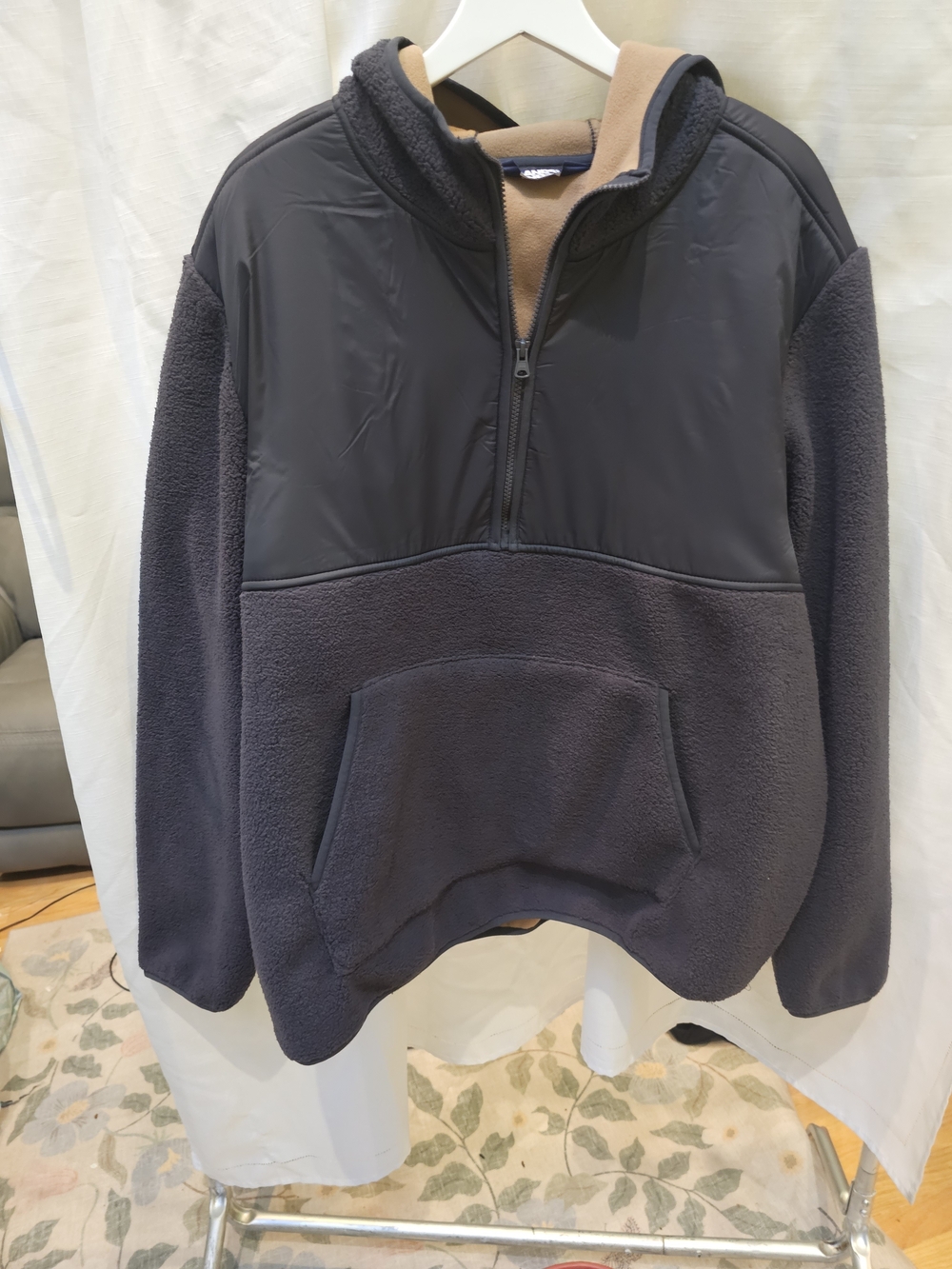 Lands End Mens XL Tall Charcoal Gray Sherpa Fleece Half Zip Pullover Hoodie NIB